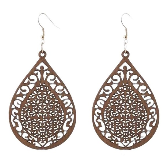 Brown Wood Carved pattern droplet shaped Dangle, Earrings retro Ethnic Style - Picture 1 of 1